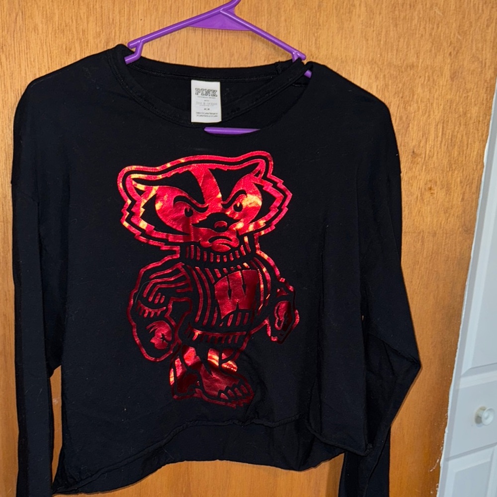 Black and Metallic Red Badger Long Sleeve Crop Top